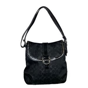 Coach Flap Duffle Monogram Canvas Leather Studding Black Shoulder Handbag Purse